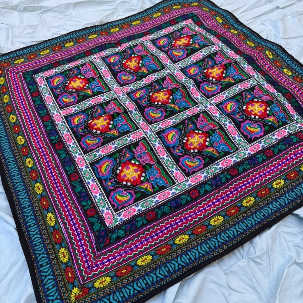 Vintage Hmong Embroidered Folk Art Textile Tapestry Black Multi Boho Floral